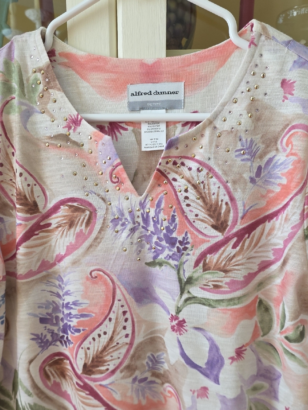 Alfred Dunner Floral Embellished V-Neck Tunic - Pink, Purple, Cream
